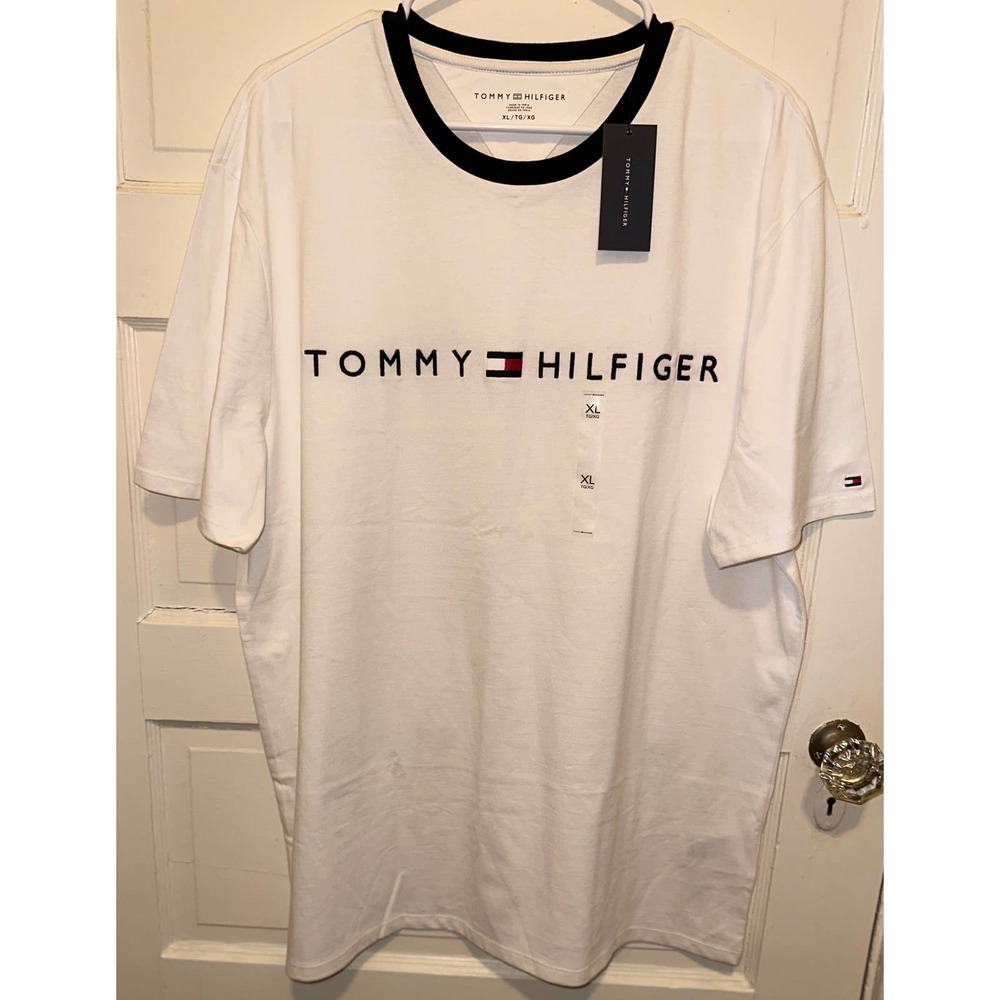 Tommy Hilfiger Short Sleeve Contrast Trim Signature White T-shirt Size XL NWT